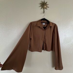 Golden Brown Satin Button-Up Bell Sleeve Crop Top